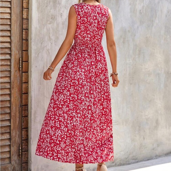 boho Floral Print Shirted Waist Sleeveless maxi Dress - Picture 2 of 6
